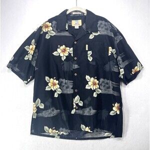 Vintage Coconut Pier Shirt Men Large Black Hawaiian Resort Tropical Floral Beach